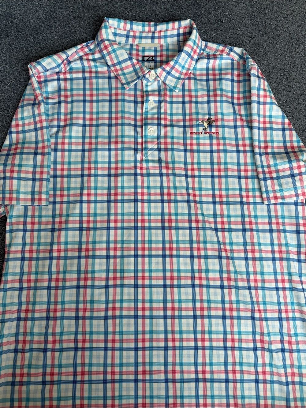 Desert springs Cutter & Buck Men's Plaid Polo - White with Blue & Pink